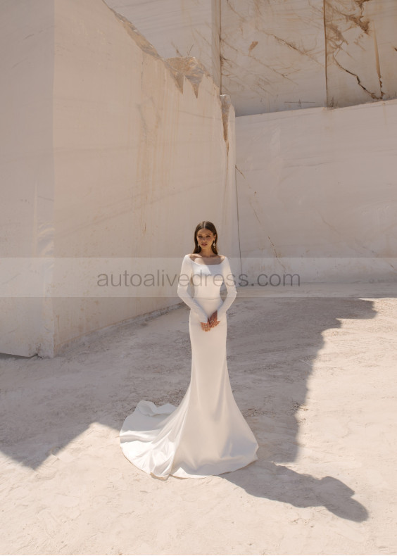 Off Shoulder Long Sleeves Ivory Satin Modest Wedding Dress